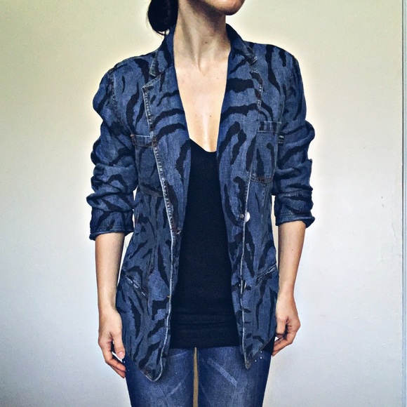 😍KRIZIA Oversized Linen Animal Print Denim Jacket - Picture 1 of 8